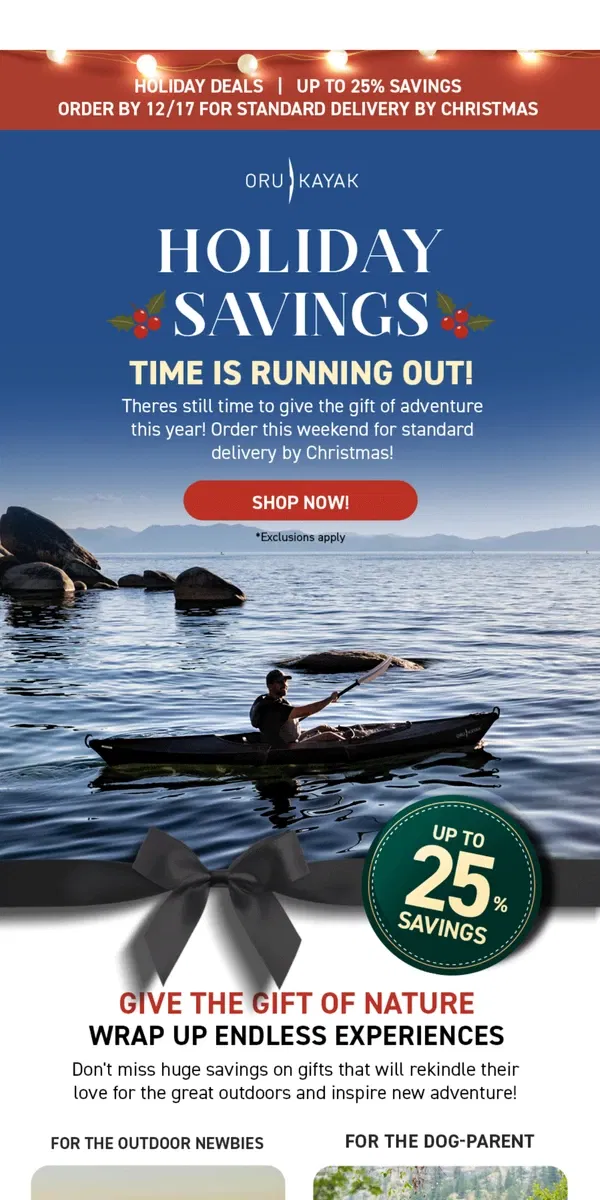 Email from Oru Kayak. Up to 25% Off 🎁 Gifts That Float Their Boat