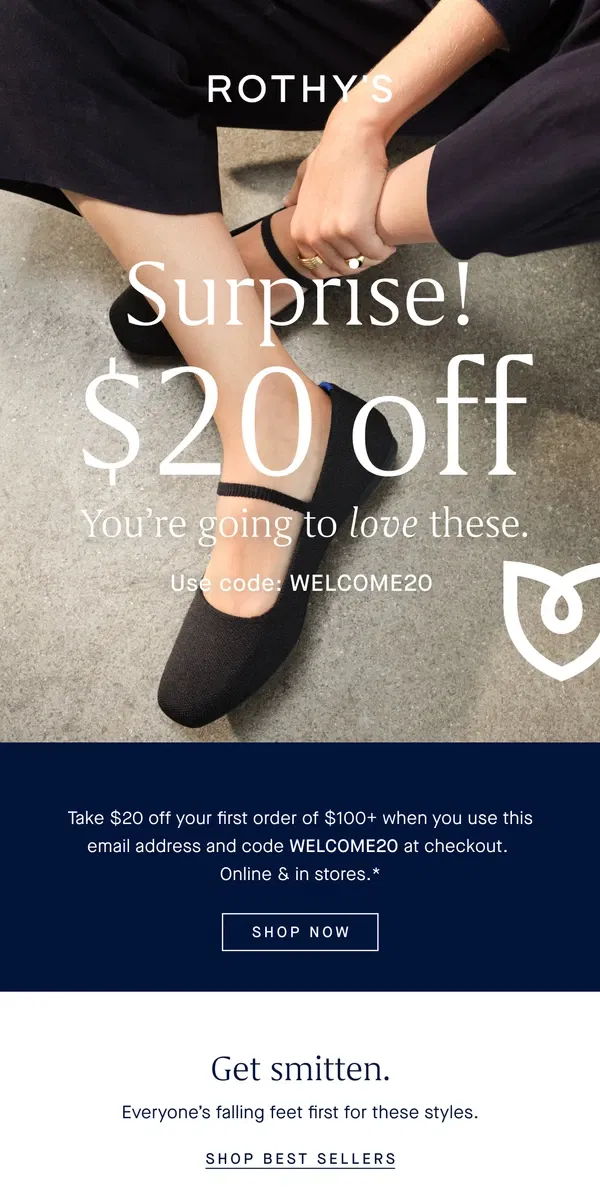 Email from Rothy's. Now’s your chance! $20 off your first pair. ⏰