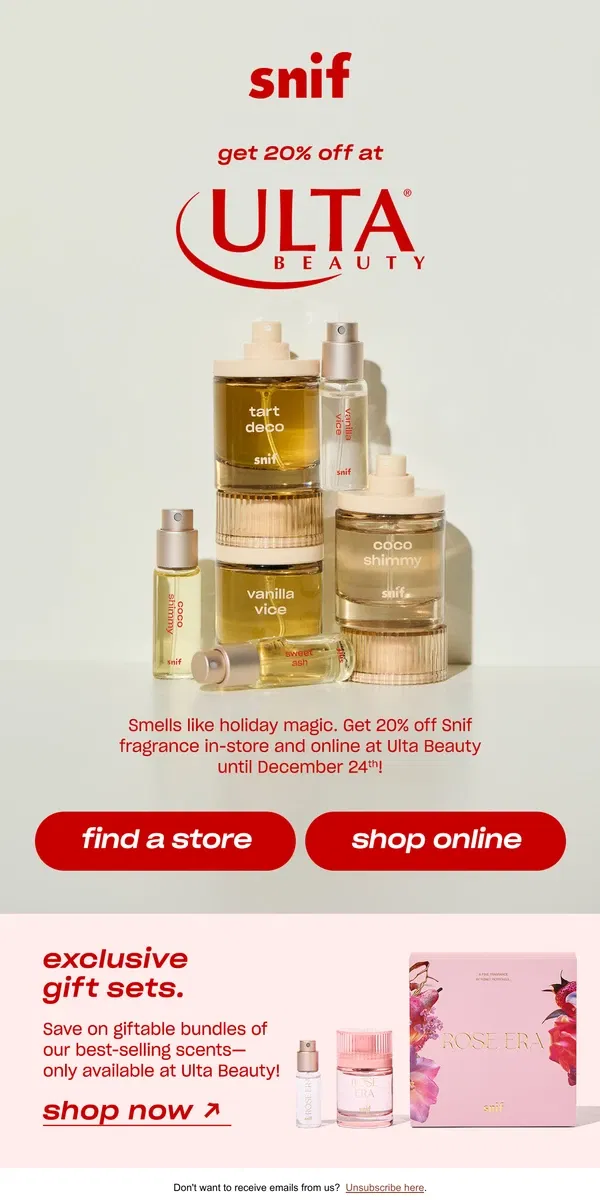 Email from Snif. Shop Snif gifts in-person at Ulta Beauty.