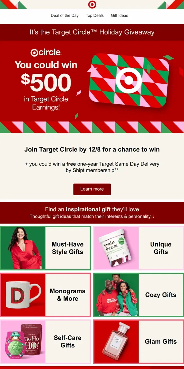 Email from Target. You could win $500 in Target Circle Earnings!