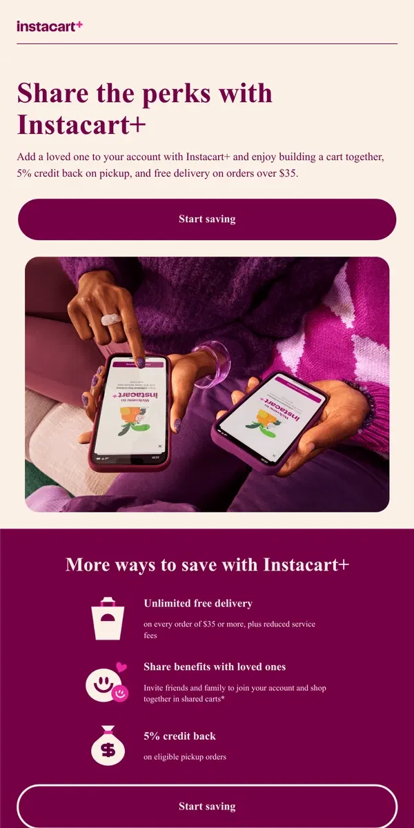 Email from Instacart. Upgrade to Instacart+ and take advantage of family accounts