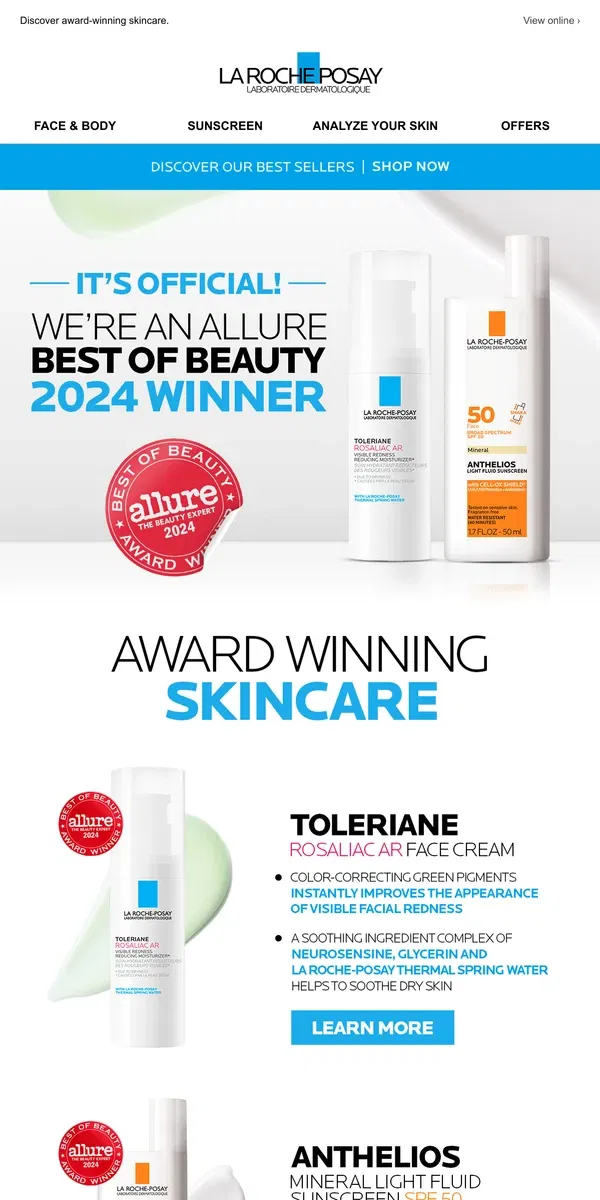 Email from La Roche-Posay. New Allure Award Winners!💙🏆