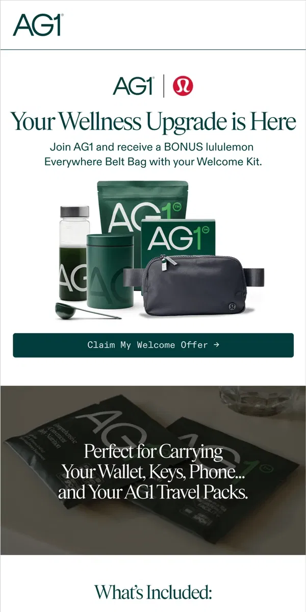 Email from AG1 by Athletic Greens. Bonus lululemon gift in our welcome kit