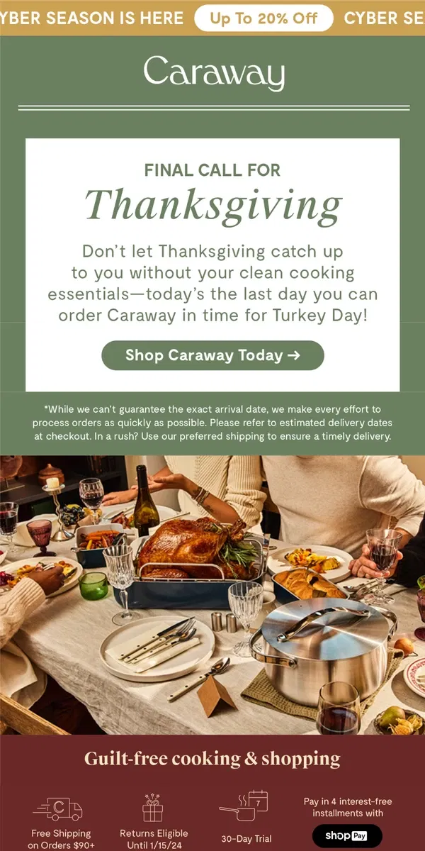 Email from Caraway. Last Chance to Order for Thanksgiving