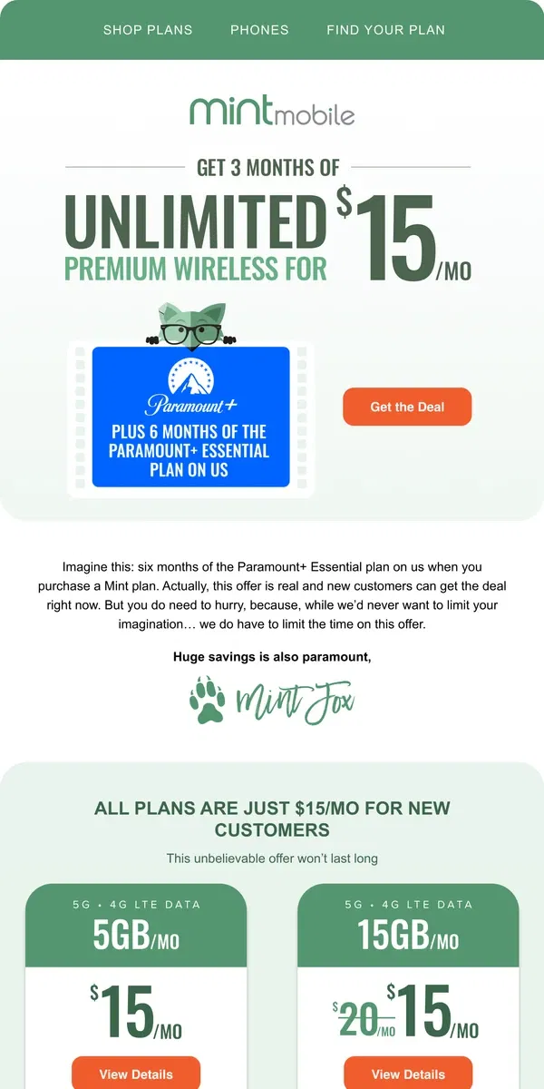 Email from Mint Mobile. Last chance to get Unlimited for $15/mo