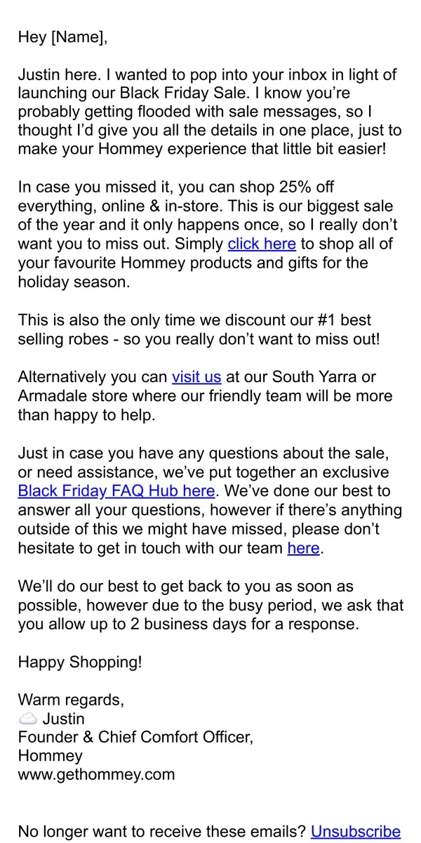 Email from Hommey. RE: Hommey's Black Friday Sale