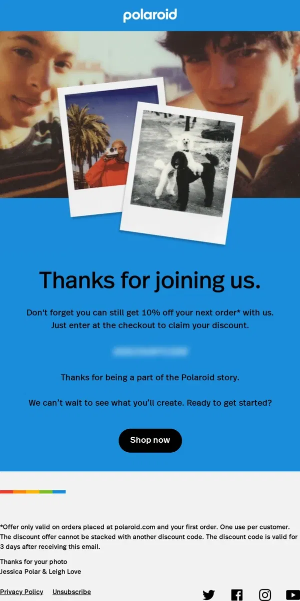 Email from Polaroid. Don't forget your 10% discount