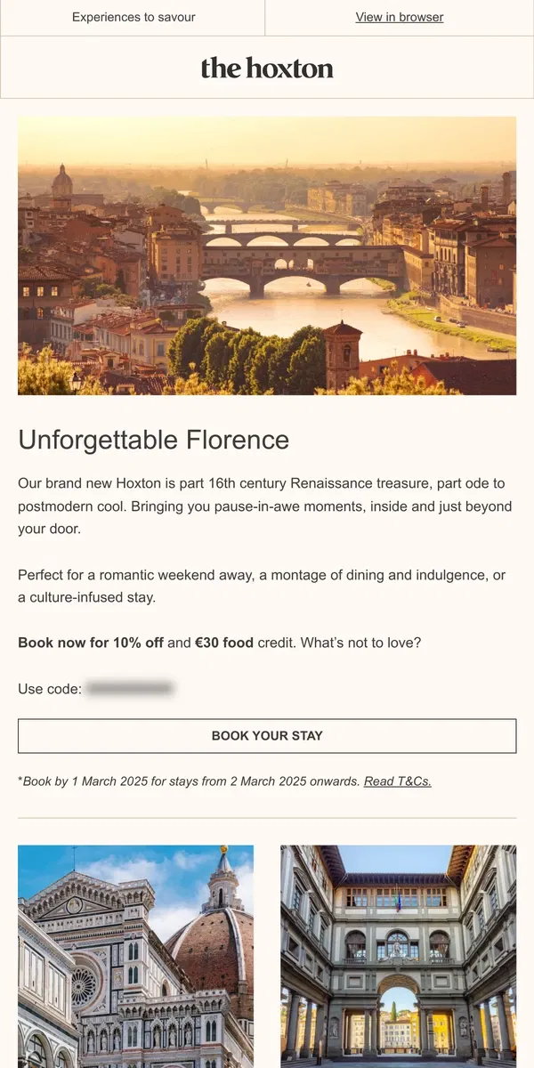 Email from The Hoxton. Florence and Romance, a perfect pairing