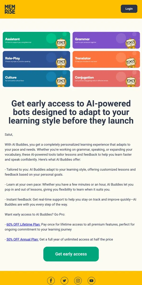 Email from Memrise. ⏰ 24 Hours Left! Get early access to AI Buddies with 60% Off Memrise Lifetime!