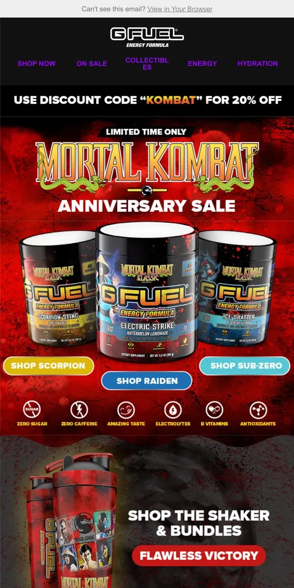 Email from G FUEL. Celebrate Mortal Kombat's Anniversary 💥👊