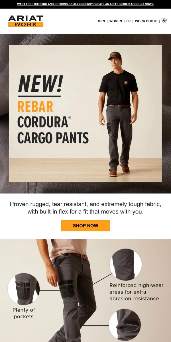 Email from Ariat. Rebar Pants Now in Ultra-Tough Cordura® Fabric­