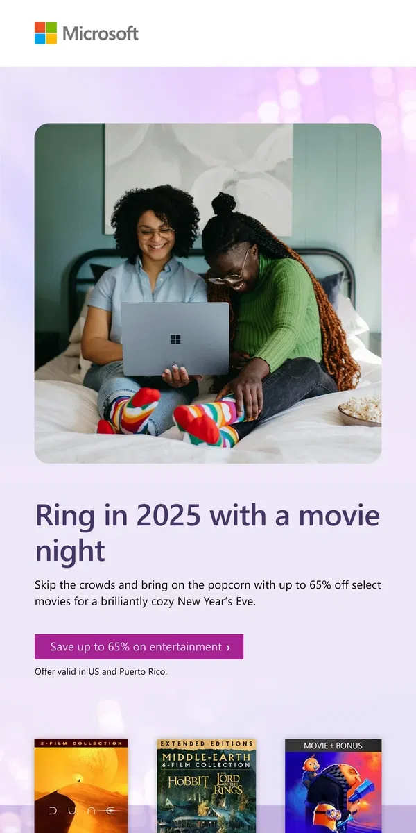 Email from Microsoft Store. NYE night in: up to 65% off select movies