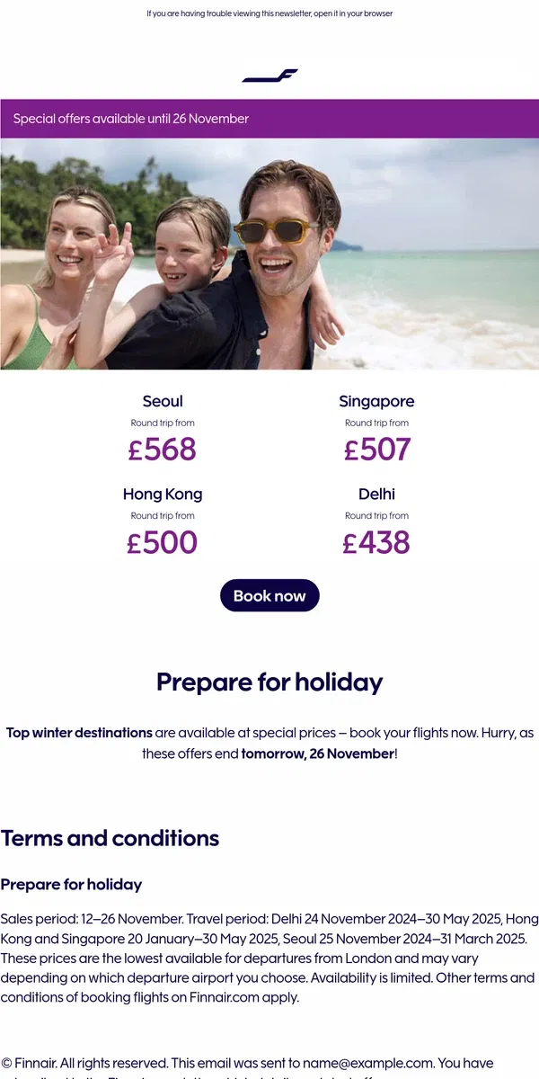 Email from Finnair. Special offers only until tomorrow – book now