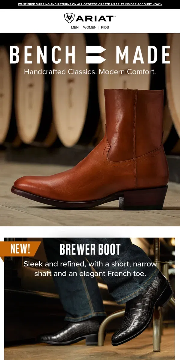 Email from Ariat. New Bench Made Drop: Meet the Brewer­