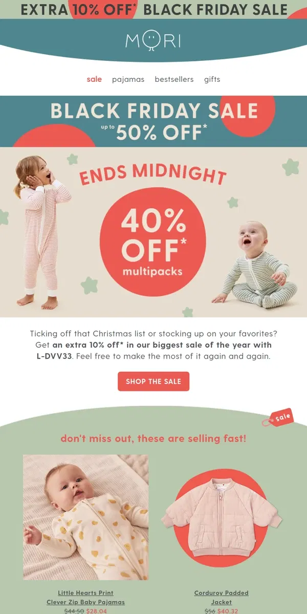 Email from MORI. HURRY: 40% off multipacks ends tonight! 🛍️