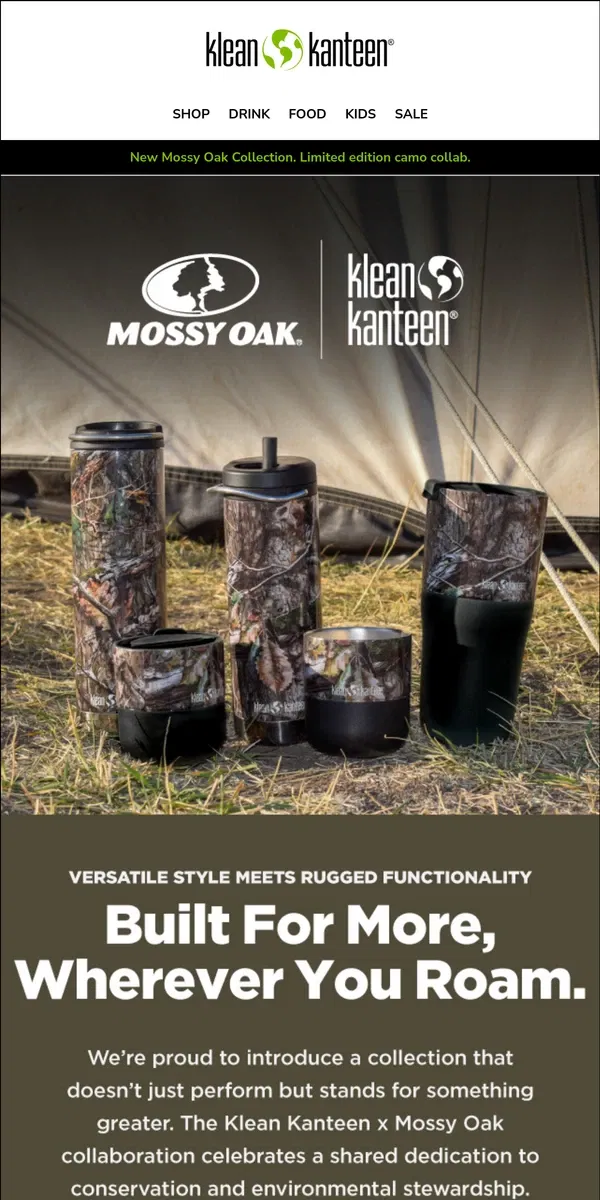 Email from Klean Kanteen. Mossy Oak + Klean: The Camo Collab