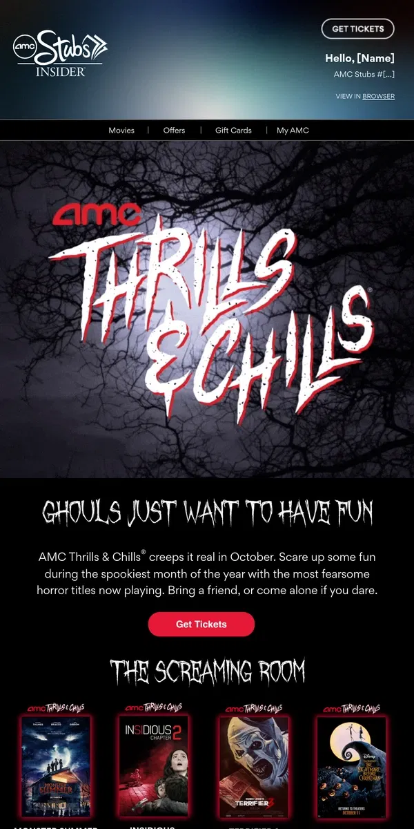 Email from AMC Theatres. Welcome to Our House of Horrors