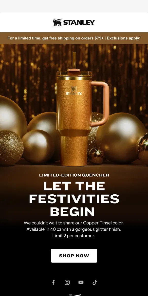 Email from Stanley. Surprise Holiday Drop: Copper Tinsel Quencher ✨