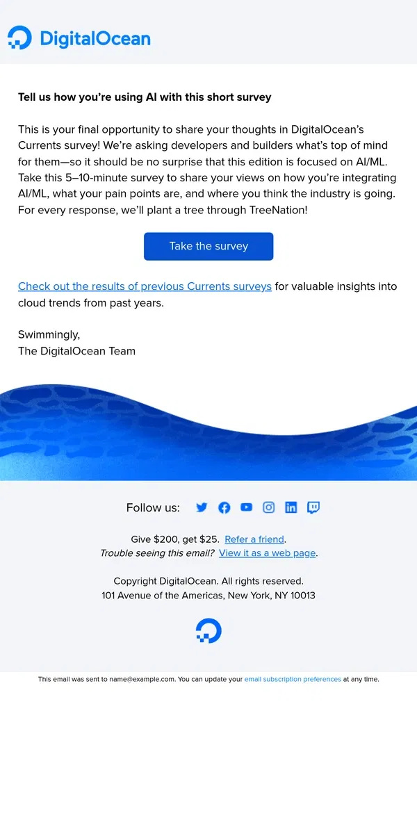 Email from DigitalOcean. Last Chance: What’s top of mind for you about AI/ML? Tell us in this short survey