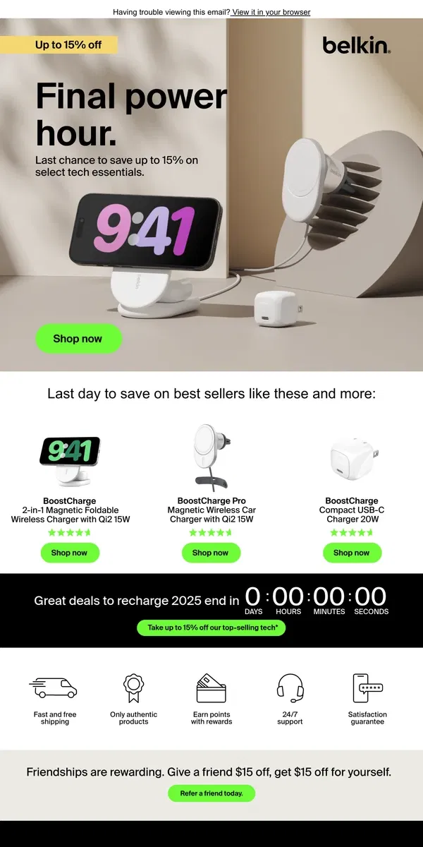 Email from Belkin. 🚨 Up to 15% off, no-code sale ends tonight! 🚨