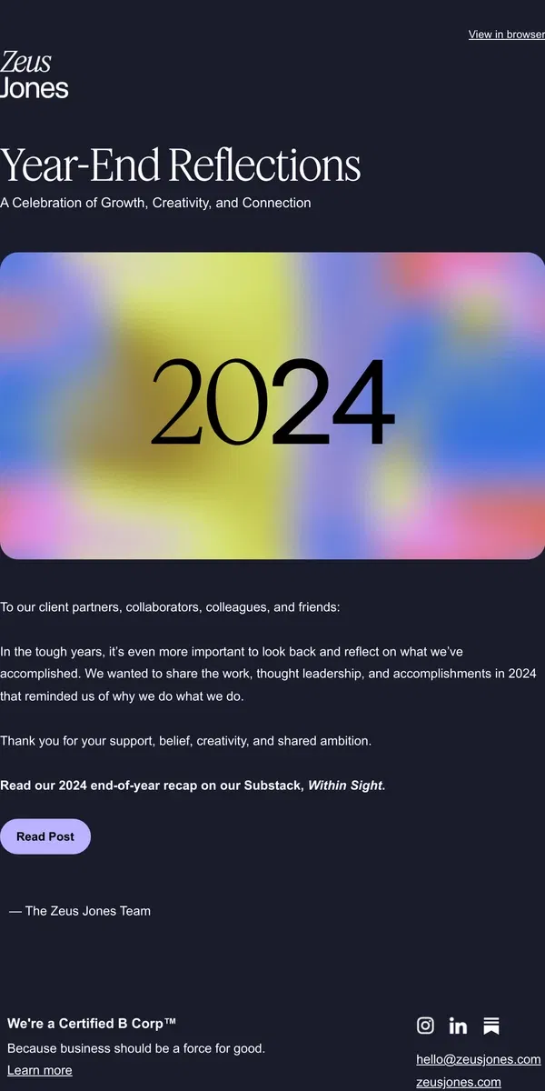 Email from Zeus Jones. 2024: A Year of Impact and Innovation 💫