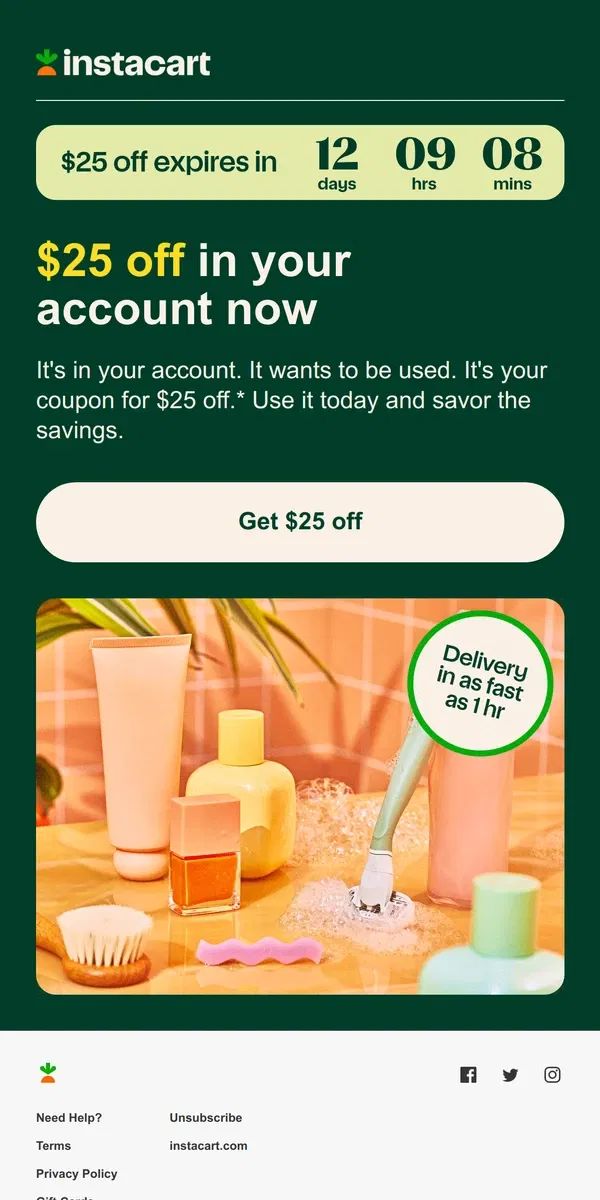 Email from Instacart. Hey [username], your $25 off coupon expires soon