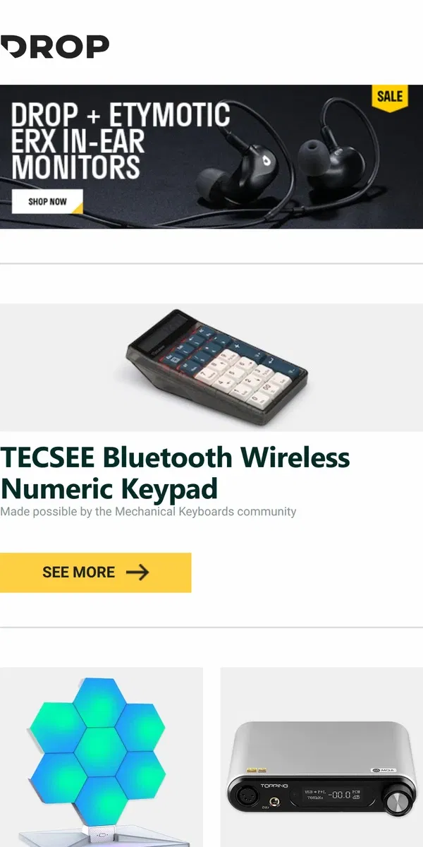 Email from Drop. TECSEE Bluetooth Wireless Numeric Keypad, Cololight Plus Hexagon Light Kit, Topping DX5 DAC/Amp and more...