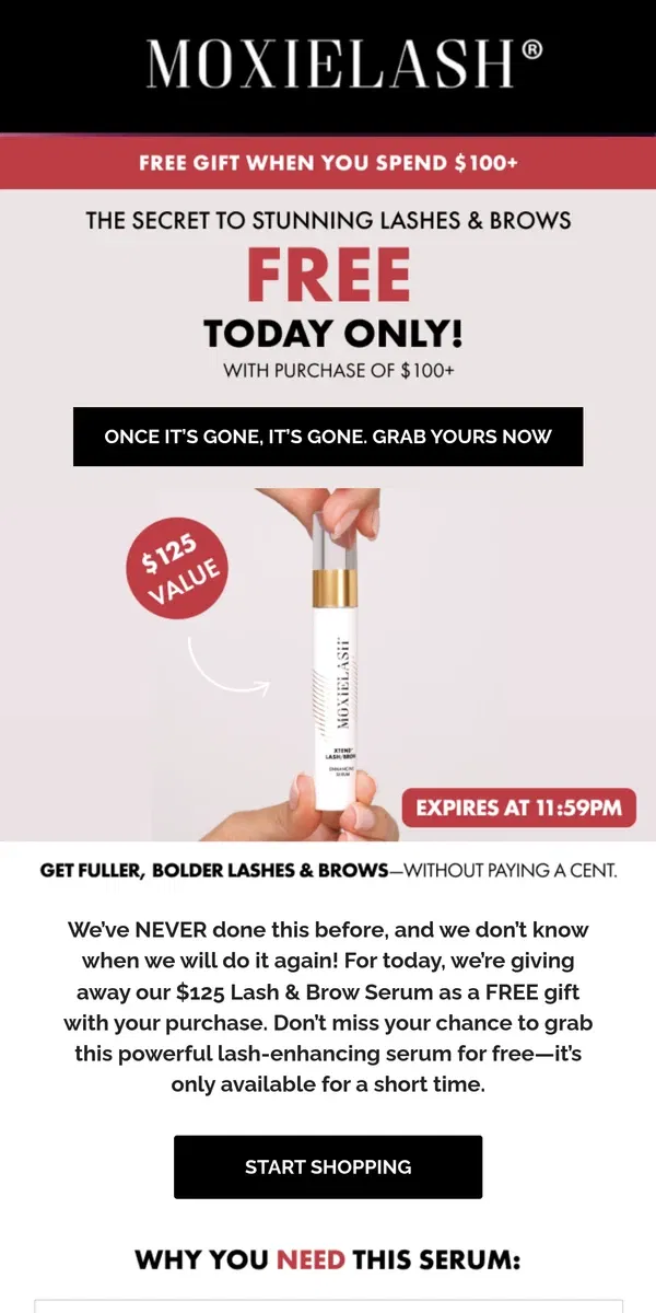 Email from MoxieLash. Start Using Your FREE Lash & Brow Serum!