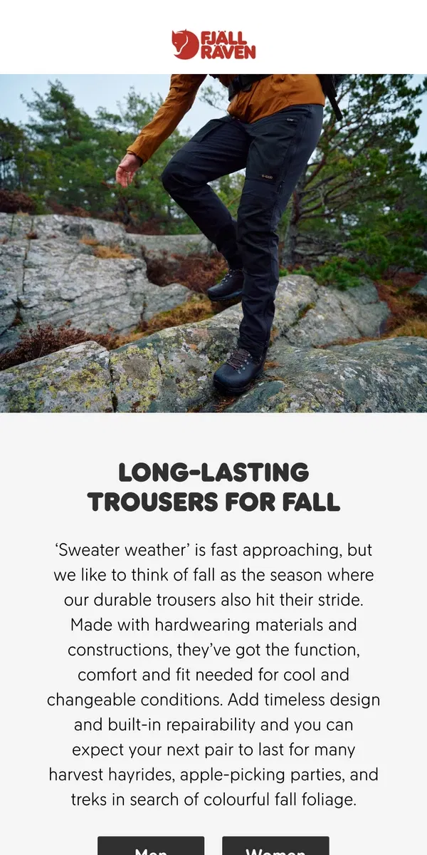 Email from Fjällräven. This fall, get trousers that last