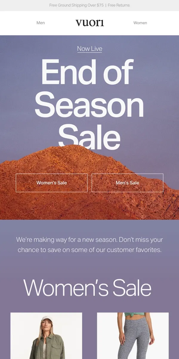 Email from Vuori. Now Live: End of Season Sale