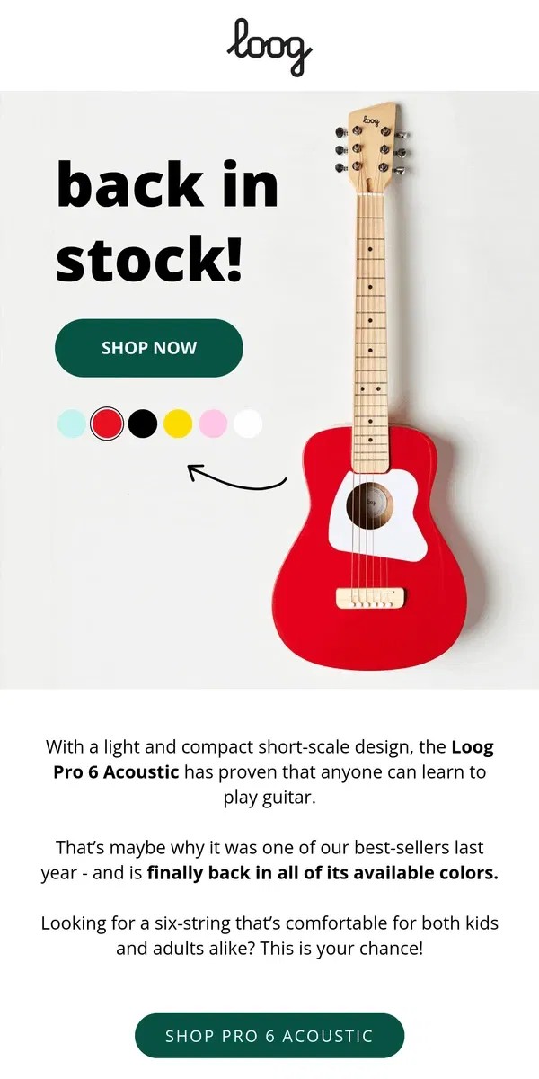 Email from Loog Guitars. 🚨 Back in stock: Loog Pro 6 acoustic