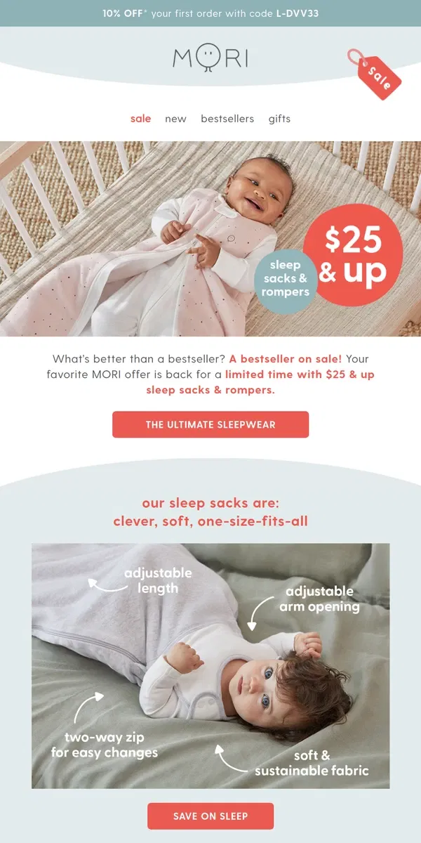 Email from MORI. $25 & up sleep sacks & rompers! What’s not to love 😍