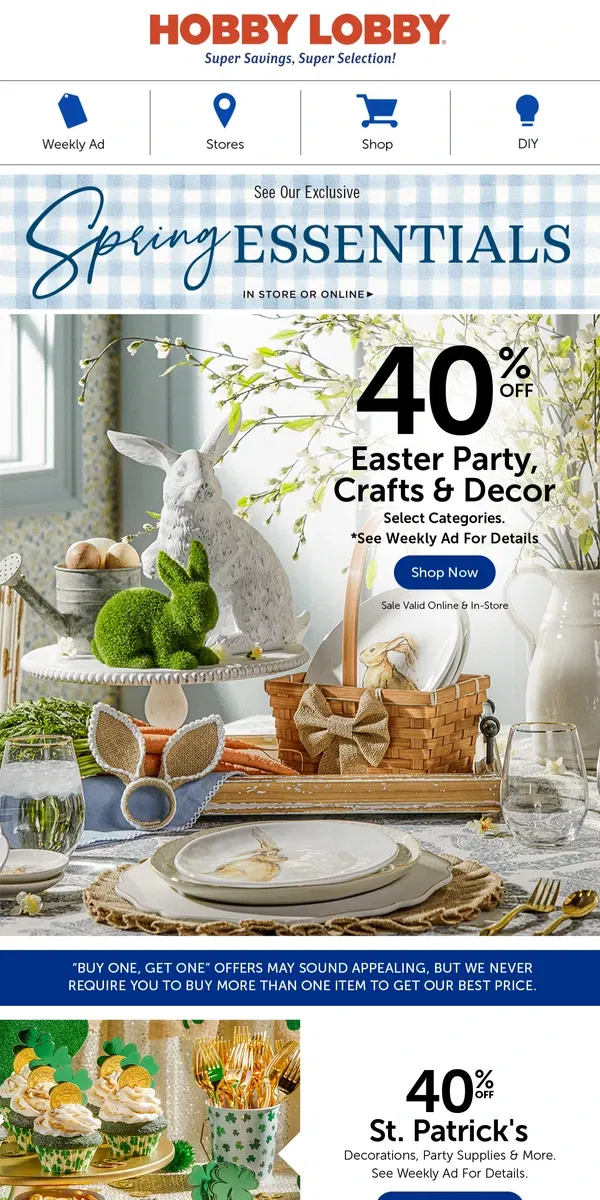 Email from Hobby Lobby. Hop Into Savings: 40% Off Easter Decor