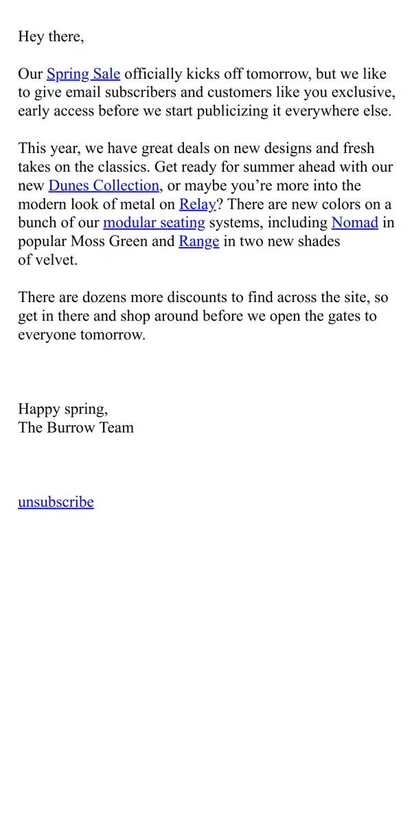 Email from Burrow. Early bloomer: open for exclusive access to the Spring Sale!