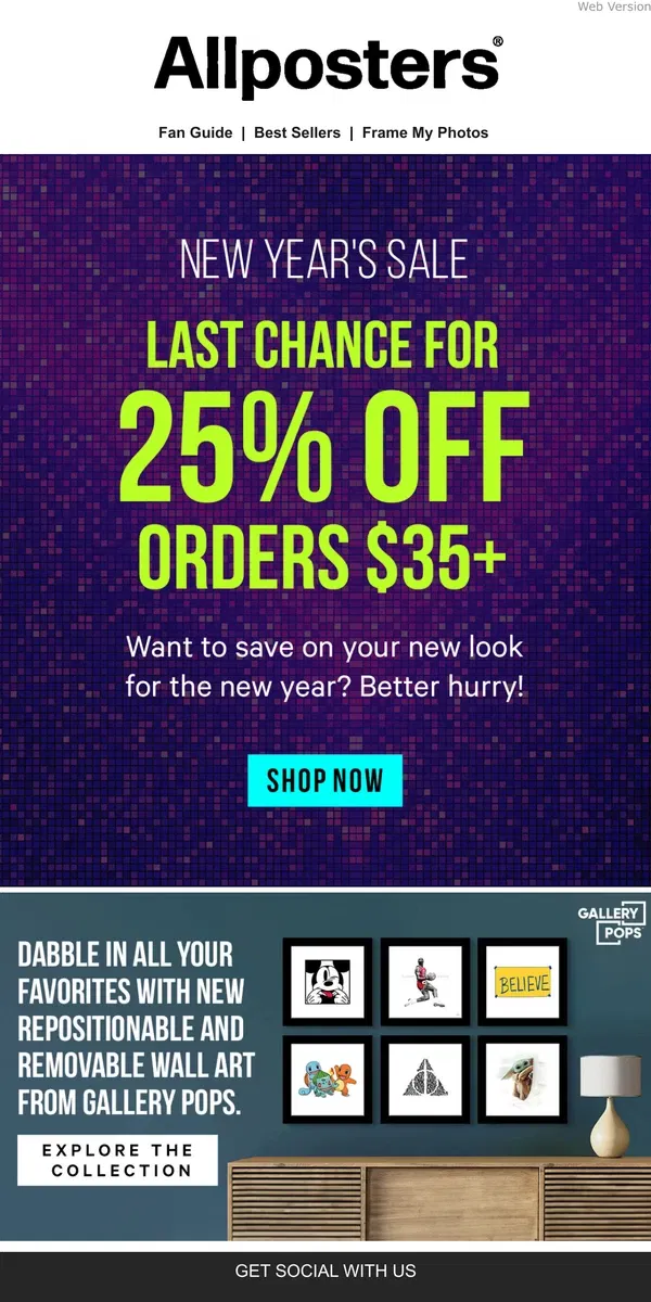 Email from AllPosters. Hurry! 25% Off Orders $35+ Ends Tonight