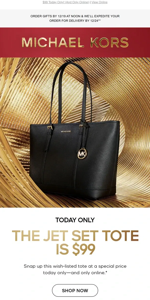 Email from Michael Kors. 12 Days Of Giving: The Jet Set Tote