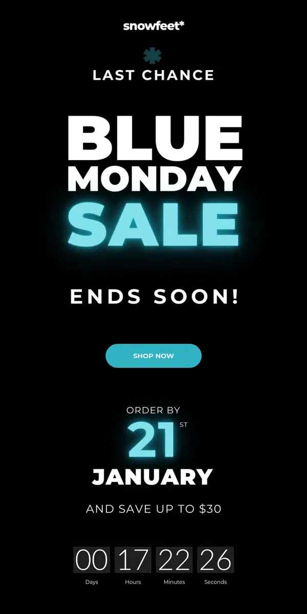 Email from Snowfeet. Last Chance: Blue Monday Sale Ends Soon – Order by 21st January! ⏳