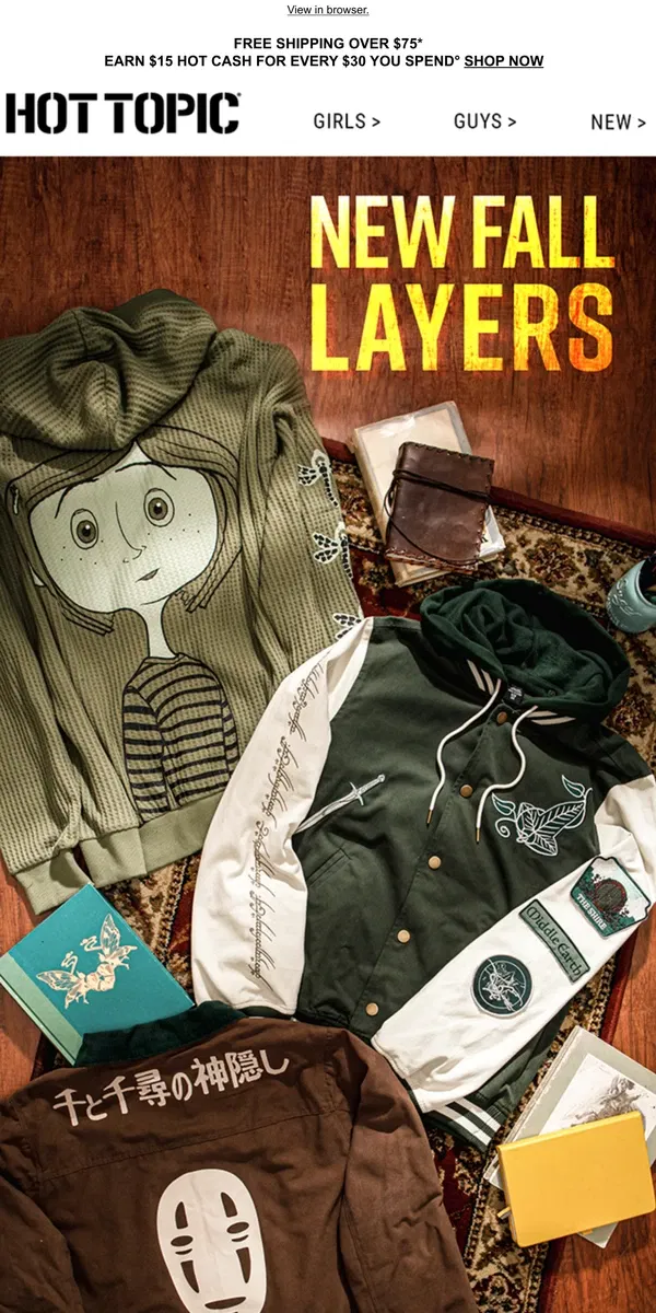 Email from Hot Topic. New fall layers, aka new hoodies 🍂🧥