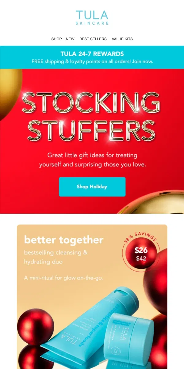 Email from TULA Skincare. Stocking stuffers ship free (limited time only!)