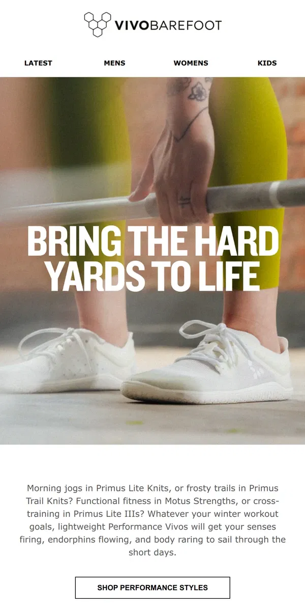 Email from Vivobarefoot. Transform your training this winter