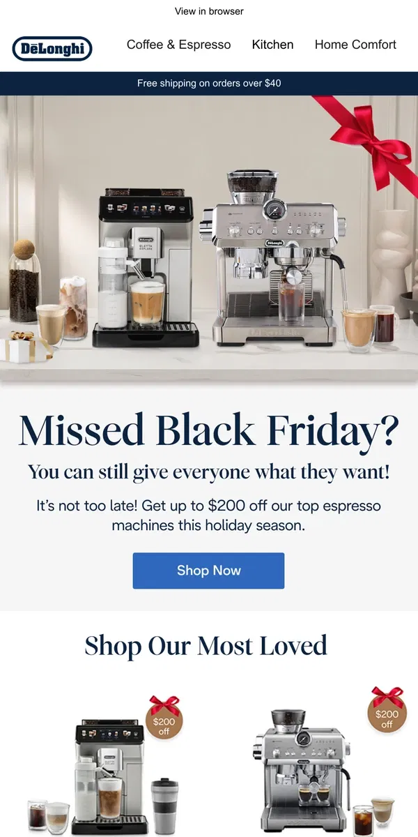 Email from De'Longhi. Still time to Save! Up to $200 off Top Espresso Machines