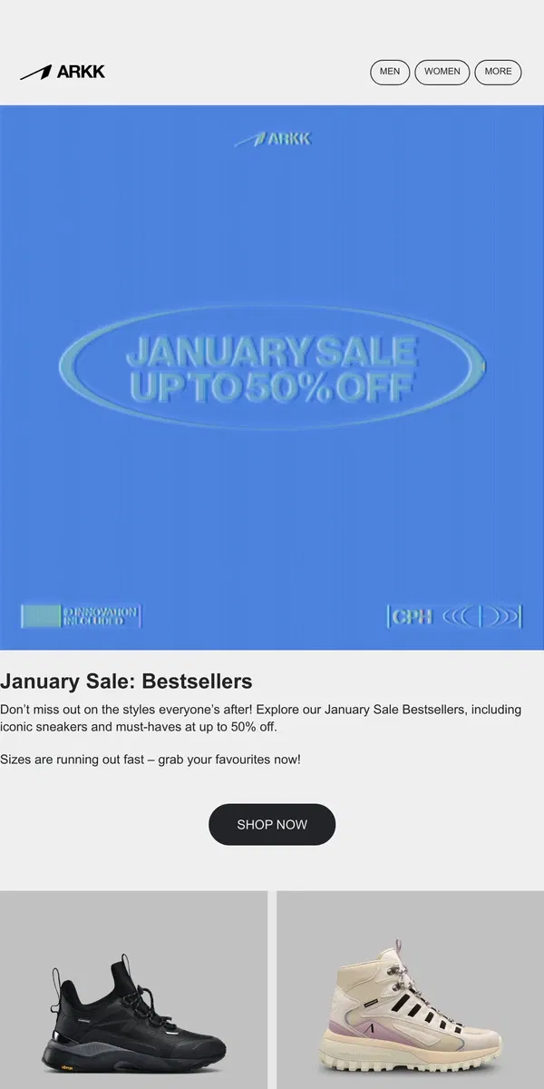 Email from ARKK Copenhagen. January Sale Bestsellers