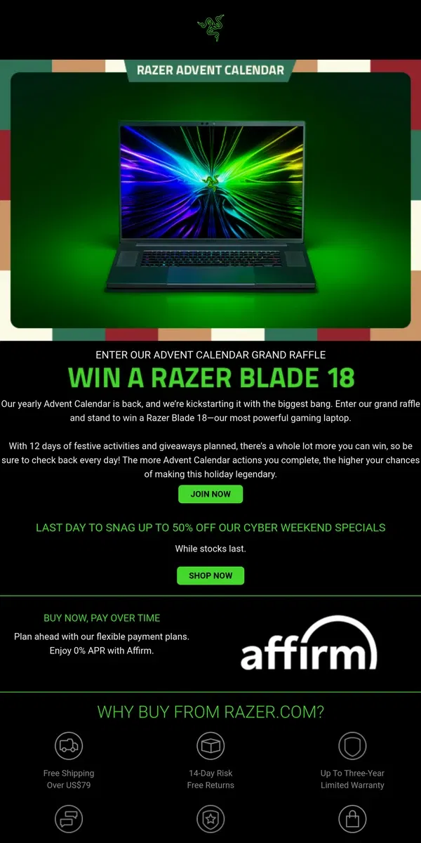 Email from Razer. 🔥Win Our Biggest, Baddest Blade + Cyber Monday Deals