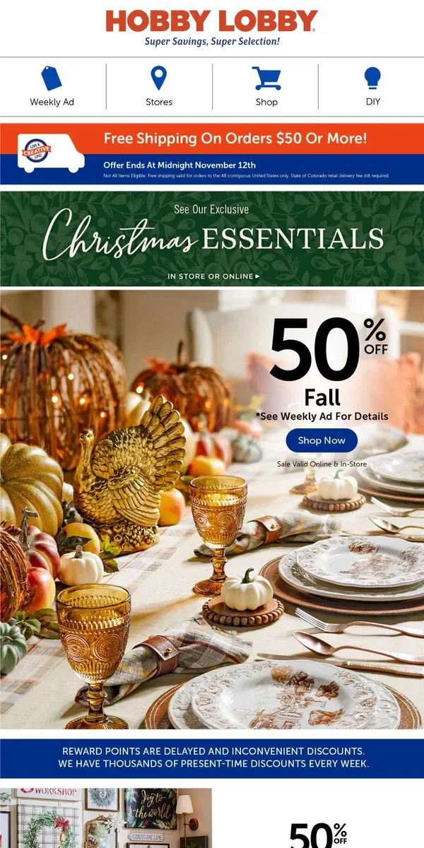 Email from Hobby Lobby. Feast On 50% Off Fall Dining Essentials Today!