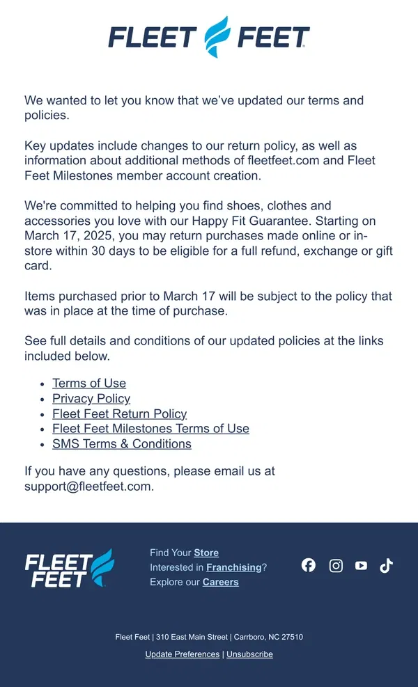 Email from Fleet Feet. We updated our Terms of Use