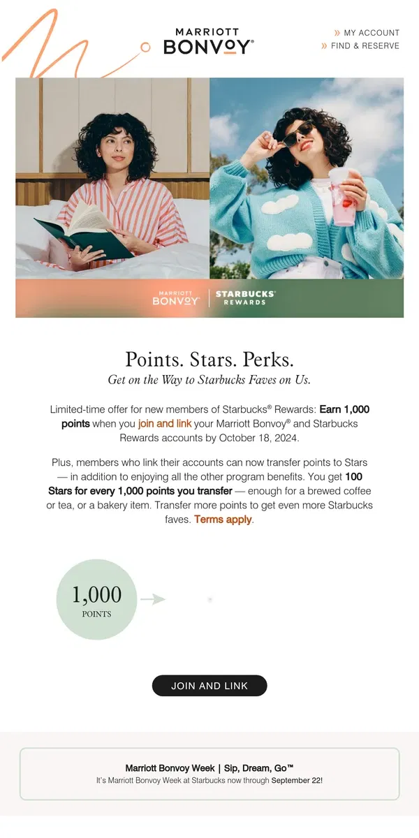 Email from Marriott Bonvoy. Coming in Hot: New Perk With Starbucks Rewards