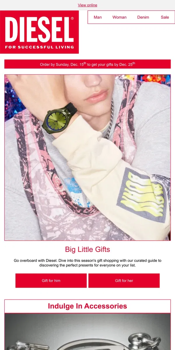 Email from Diesel. Gift Guide: Accessories Overload