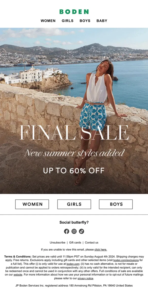 Email from Boden. FINAL SALE. Up to 60% off