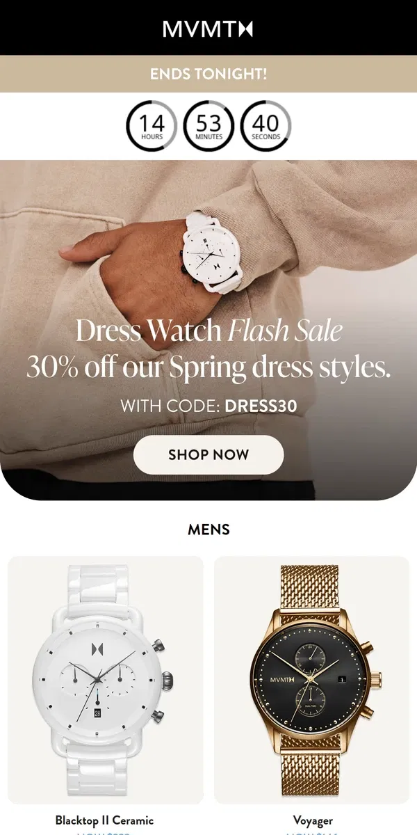 Email from MVMT. Flash Sale Ends Tonight! 30% Off Spring Dress Watches