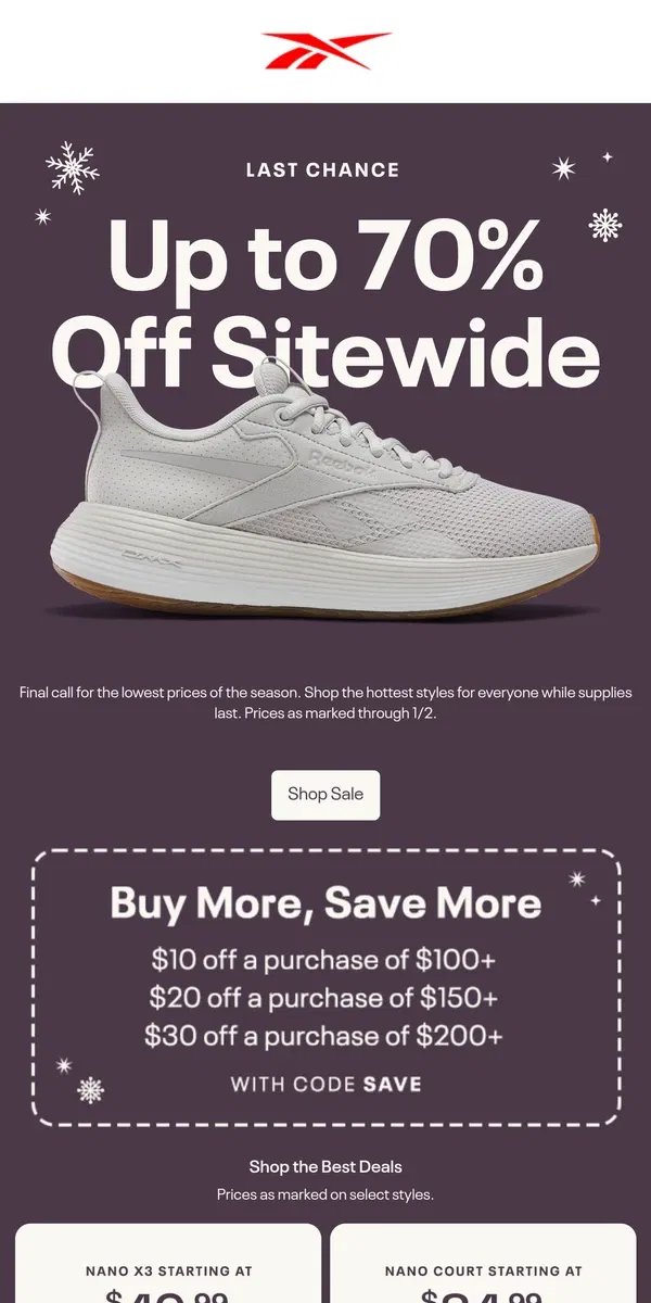 Email from Reebok. More styles up to 70% off 🙌 🙌 🙌